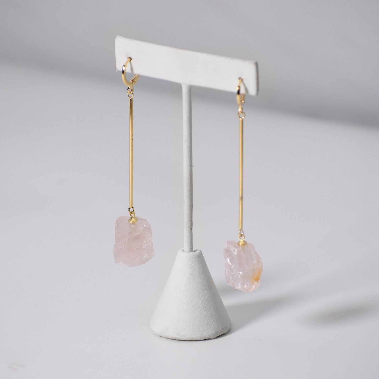 Long Rose Quartz Bar Earrings