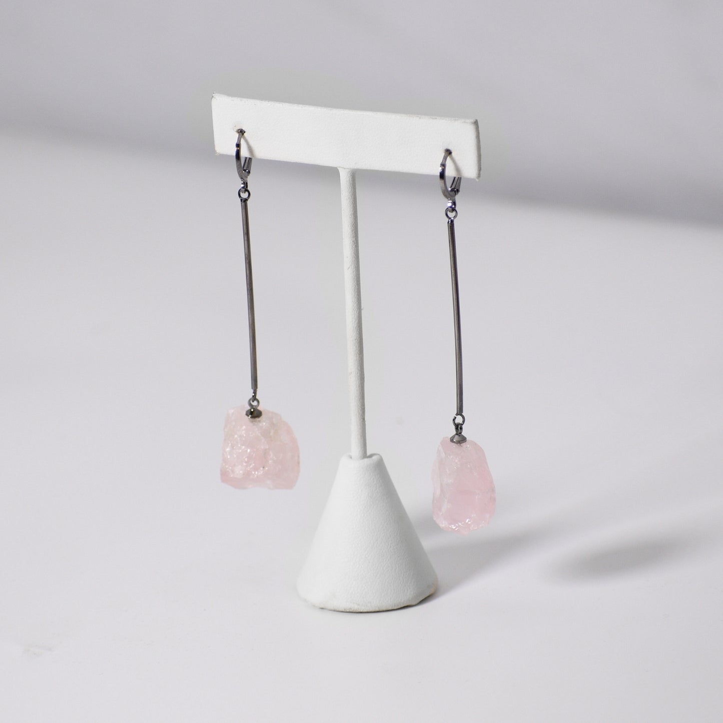 Long Rose Quartz Bar Earrings