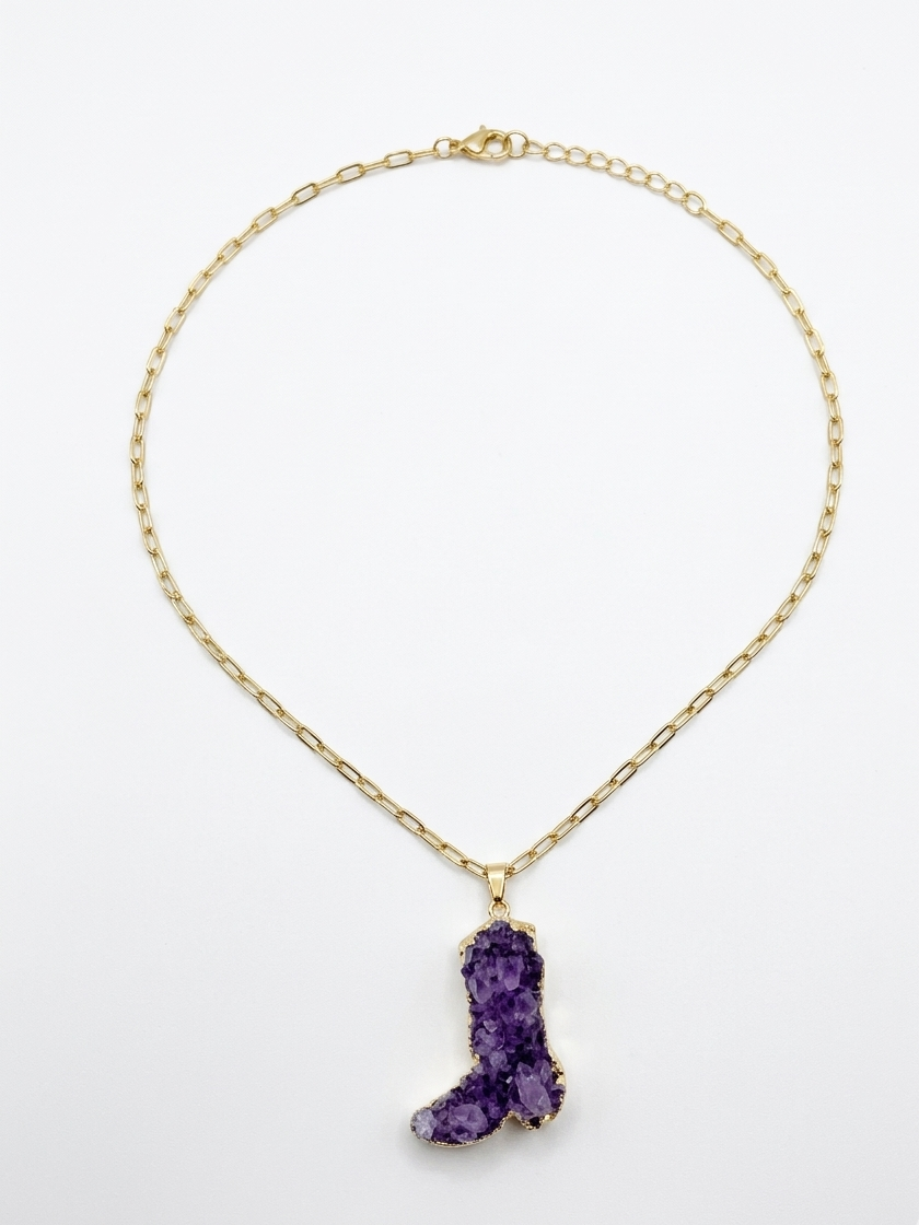 Western Mystic Amethyst Boot Necklace