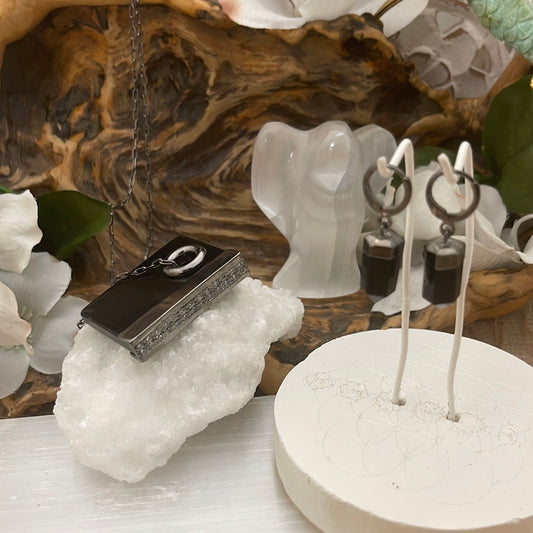 Black Obsidian Book Necklace w/ Cubic Zirconia