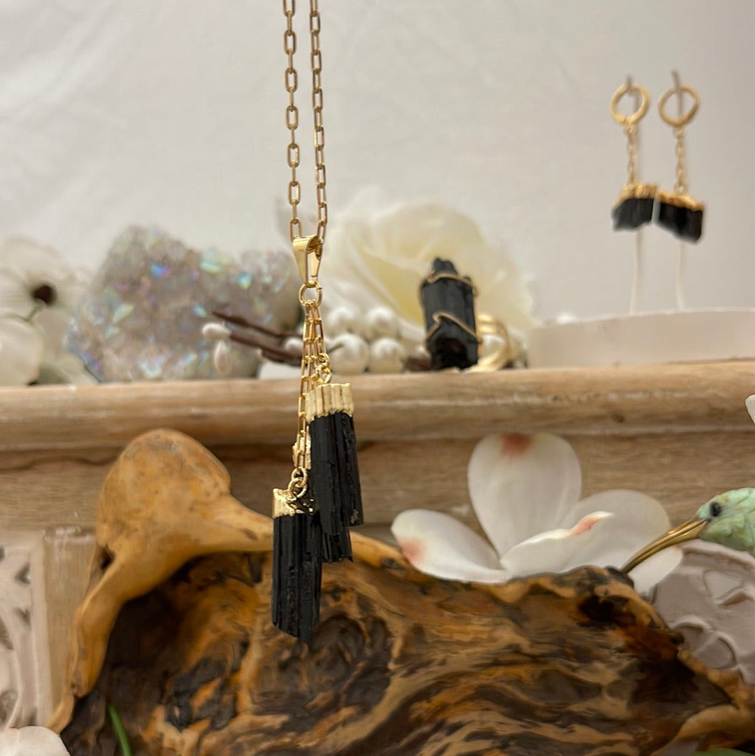 3-Stone Black Tourmaline Tassel Necklace
