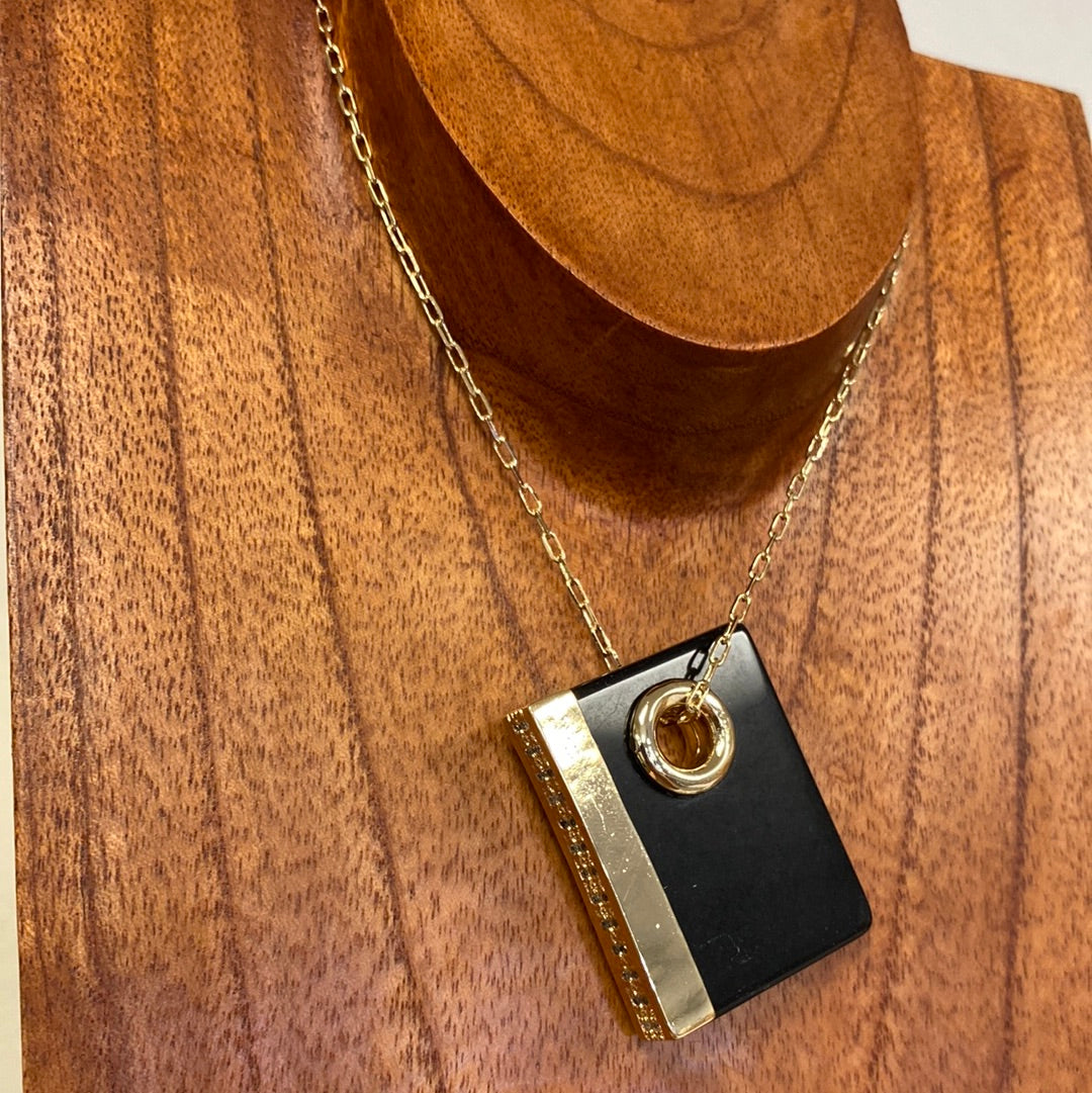 Black Obsidian Book Necklace w/ Cubic Zirconia