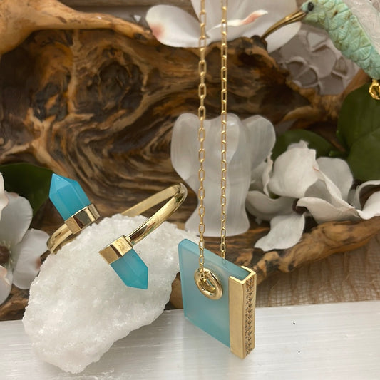 Blue Agate Book Chain Necklace w/ Cubic Zirconia