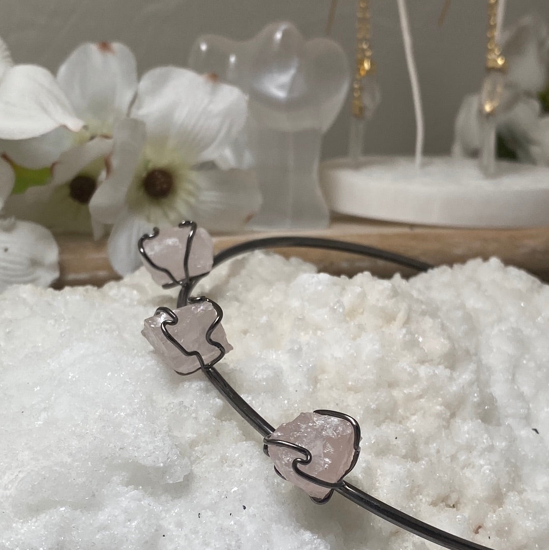 Triple Rose Quartz Rough Cuff Choker Necklace