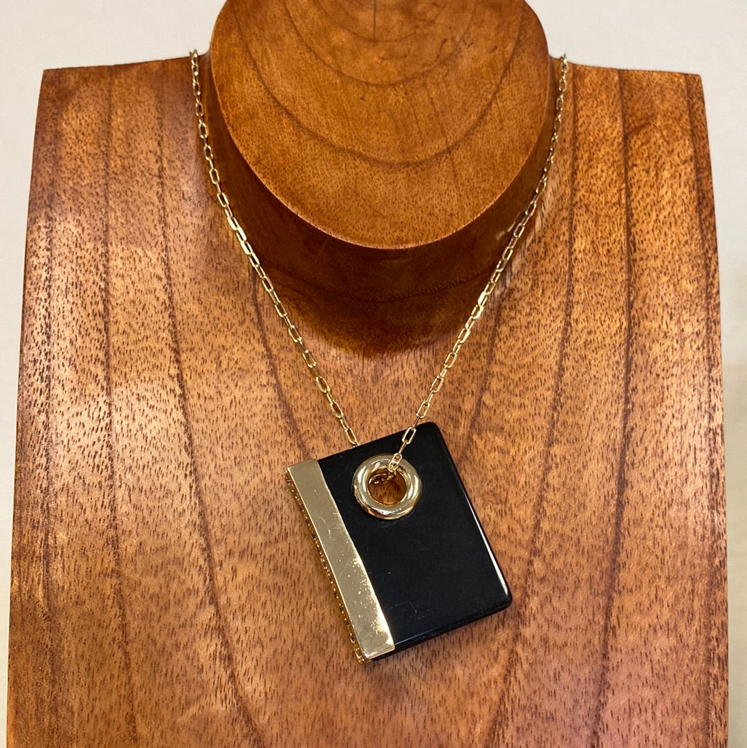 Black Obsidian Book Necklace w/ Cubic Zirconia