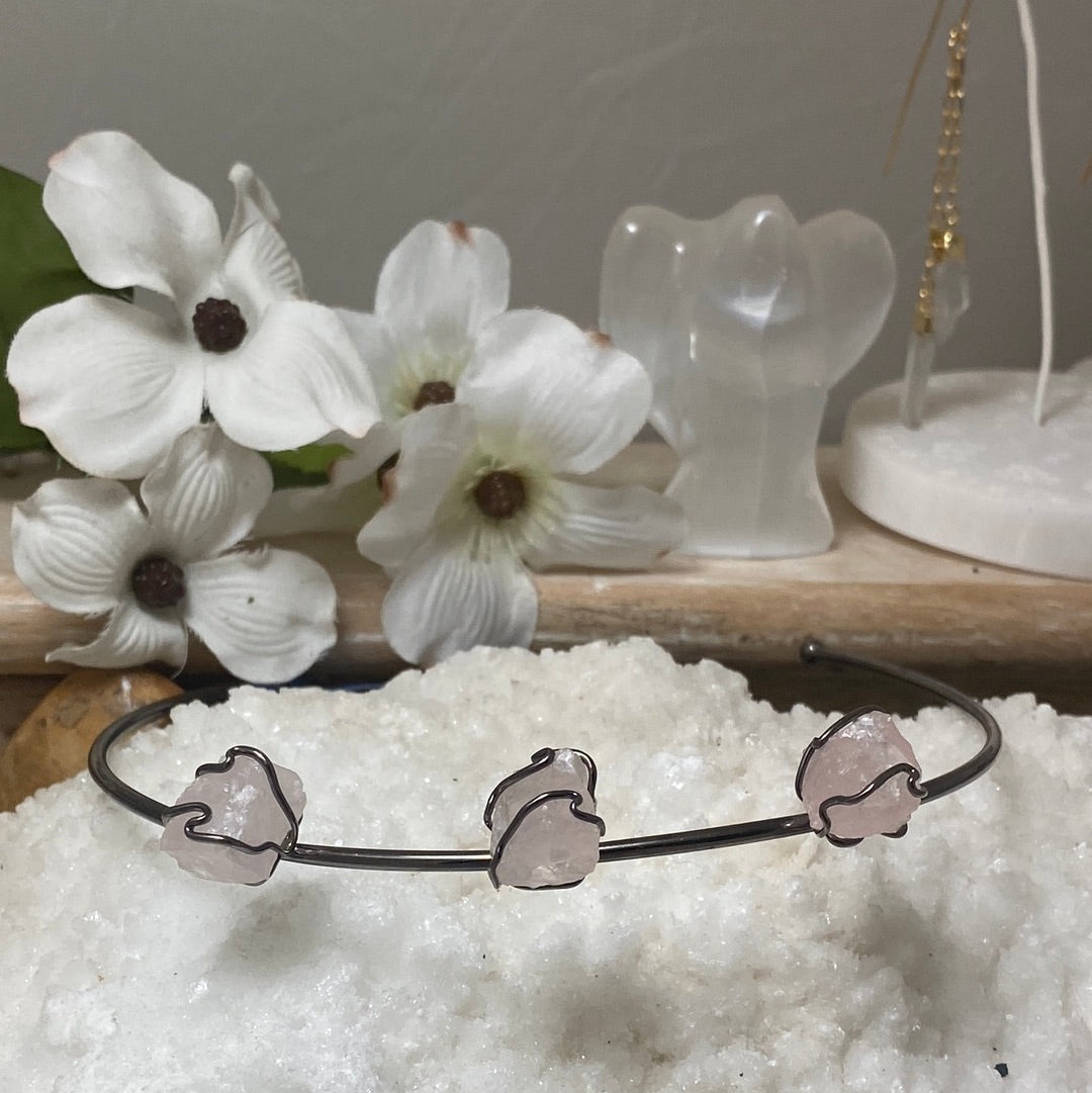 Triple Rose Quartz Rough Cuff Choker Necklace