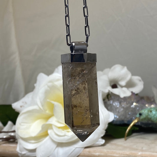 Large Gender-Fluid Smokey Quartz Point Necklace