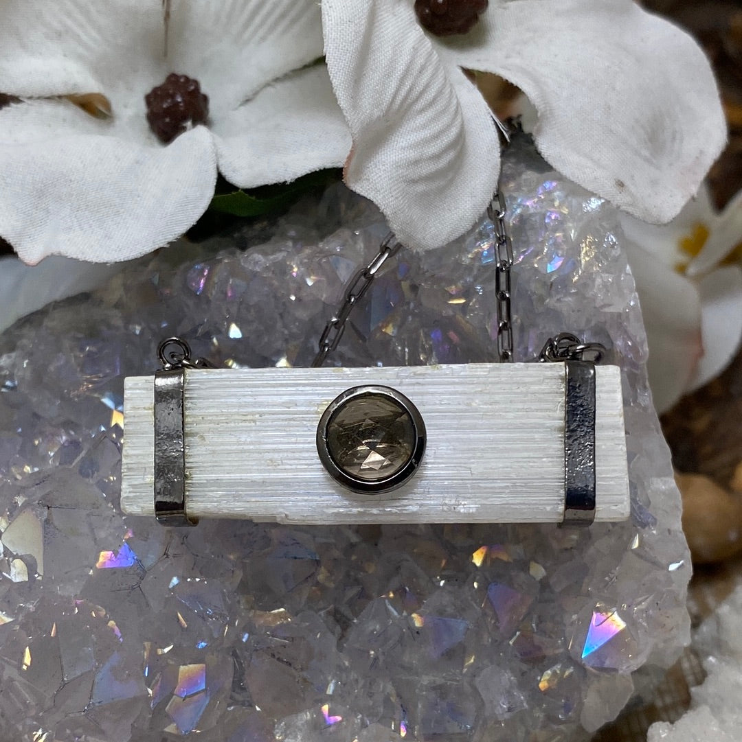 Selenite Rod & Smokey Quartz Necklace
