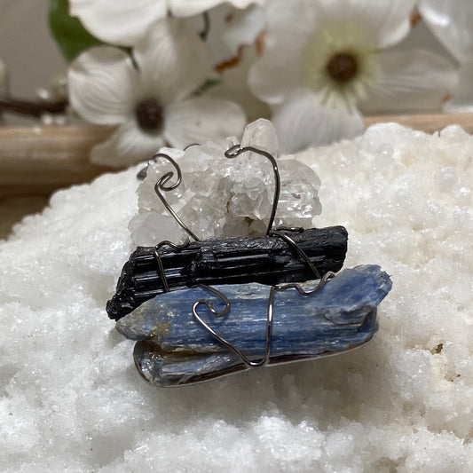 Trilogy 3 stone Quartz Cluster, Black Tourmaline, Kyanite Pendant with chain