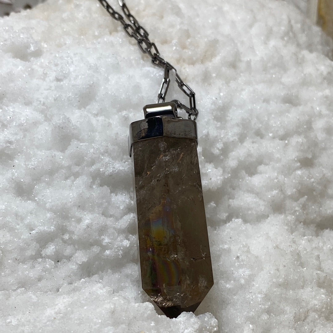 Large Gender-Fluid Smokey Quartz Point Necklace
