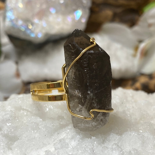 Adjustable Wire- Wrapped Smoky Quartz Cluster Ring