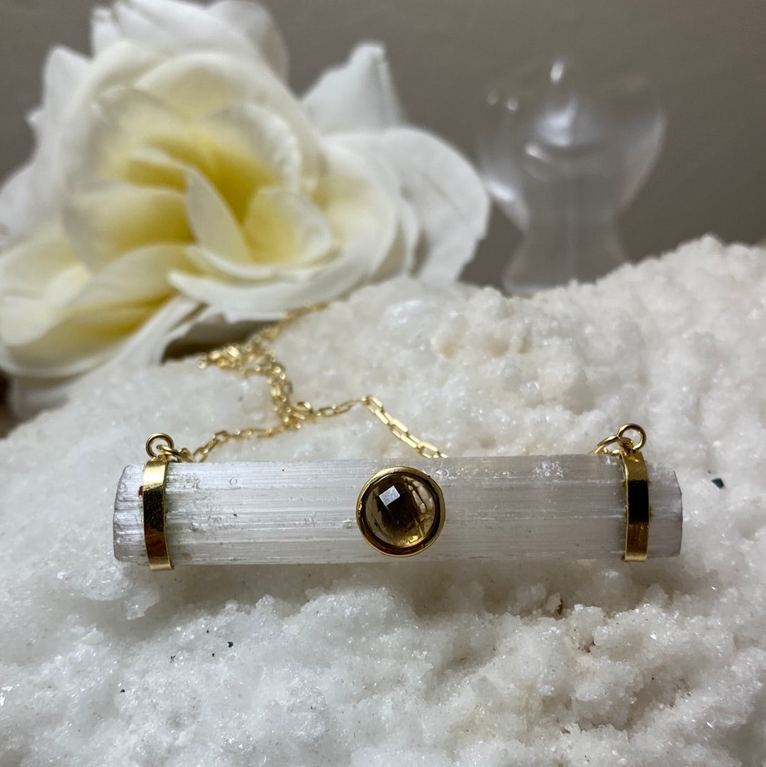 Selenite Rod & Smokey Quartz Necklace
