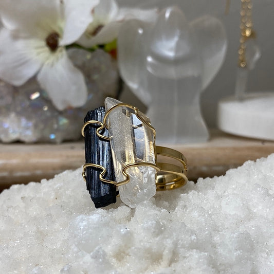 Yin - Yang Natural Clear Quartz & Black Tourmaline Ring