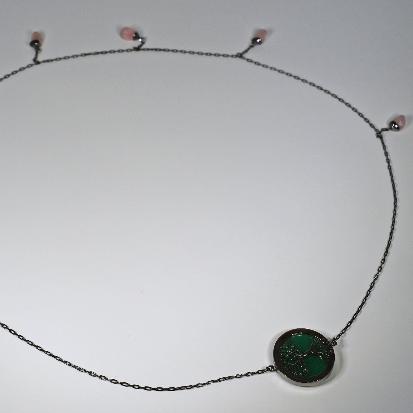 Blue Agate,Tree of Life Necklace w/ Rose Quartz