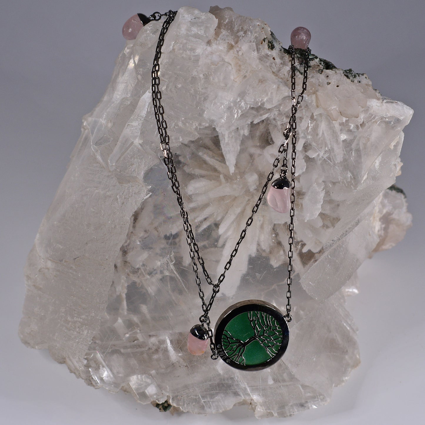 Blue Agate,Tree of Life Necklace w/ Rose Quartz