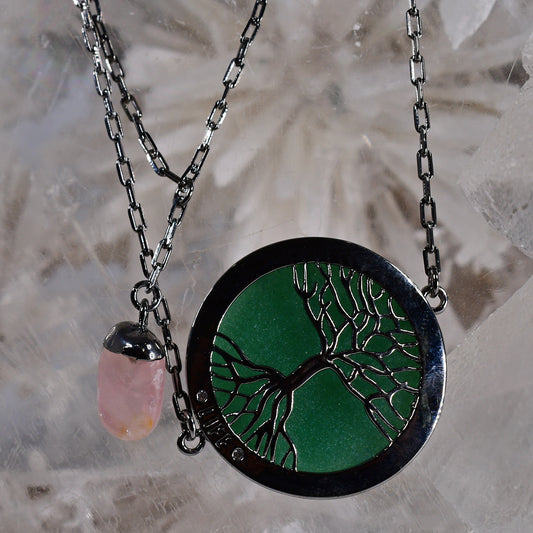 Blue Agate,Tree of Life Necklace w/ Rose Quartz