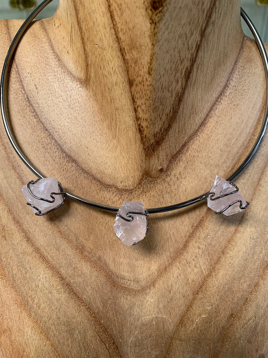 Triple Rose Quartz Rough Cuff Choker Necklace