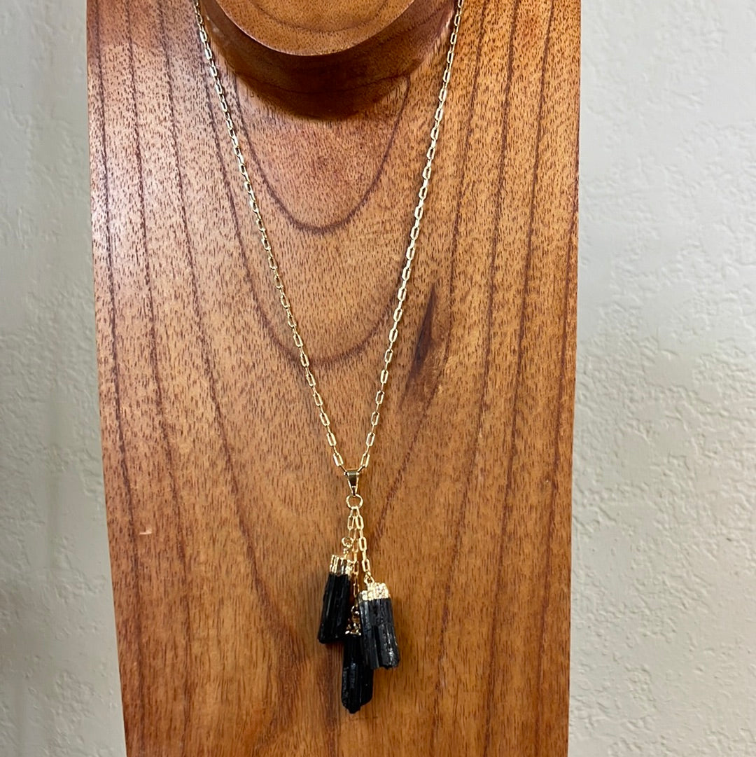 3-Stone Black Tourmaline Tassel Necklace