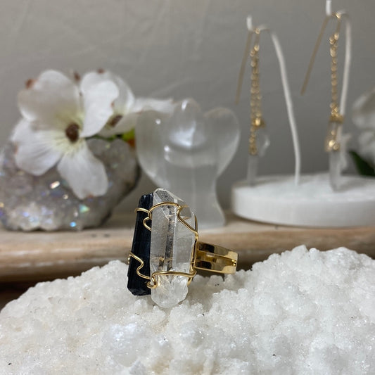Yin - Yang Natural Clear Quartz & Black Tourmaline Ring