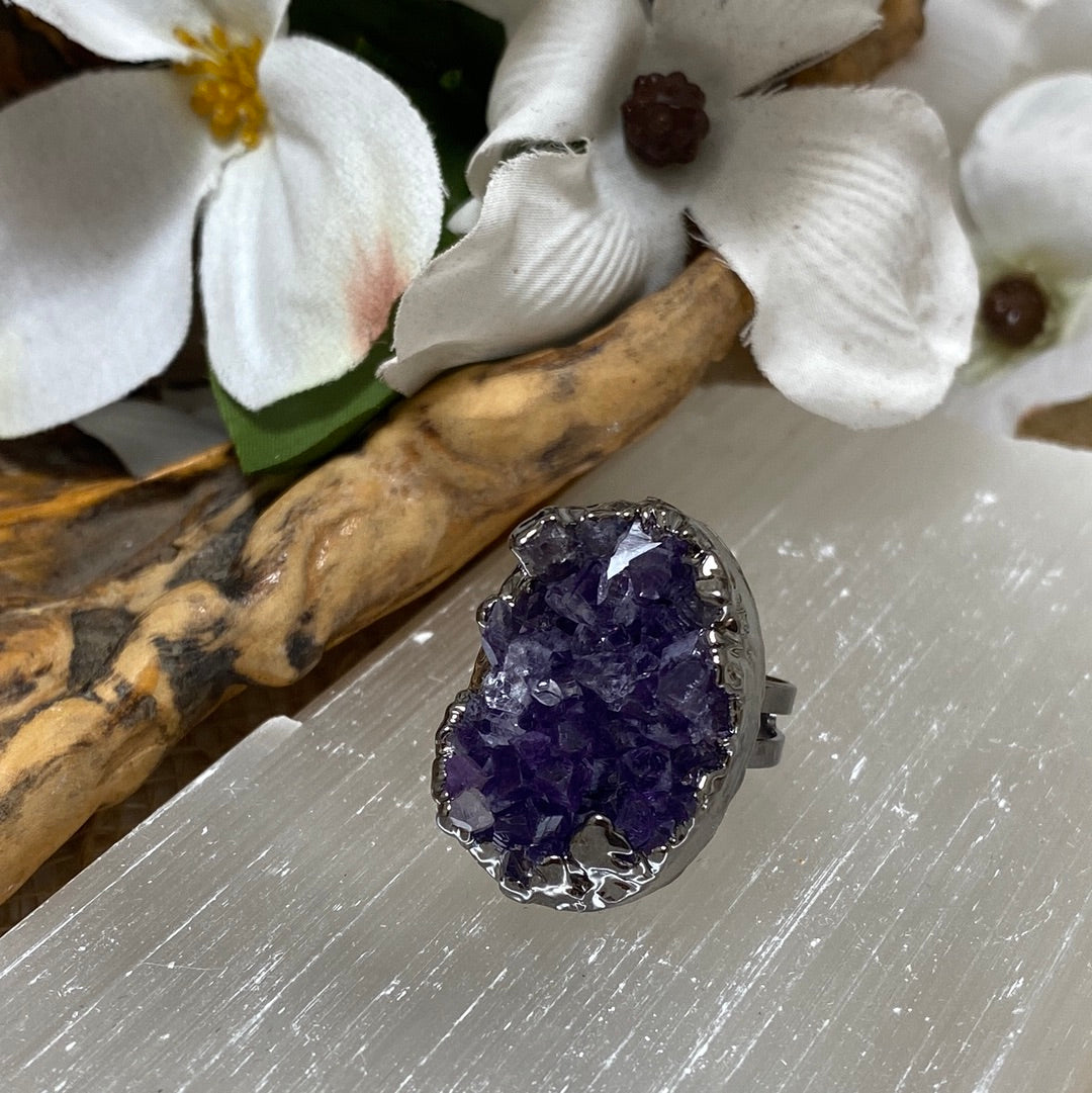 Adjustable Amethyst Druzy Ring