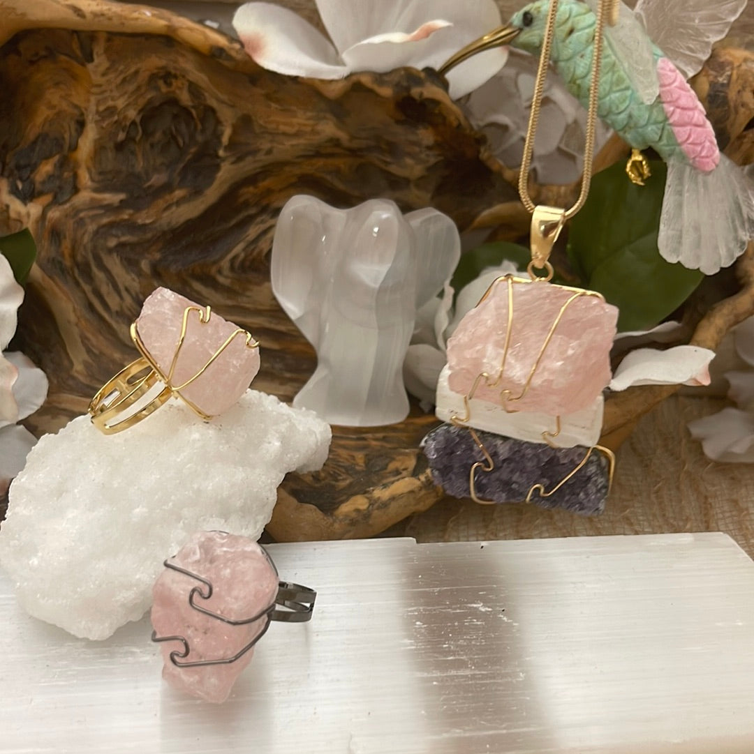 Adjustable Wire-Wrapped Rose Quartz Ring
