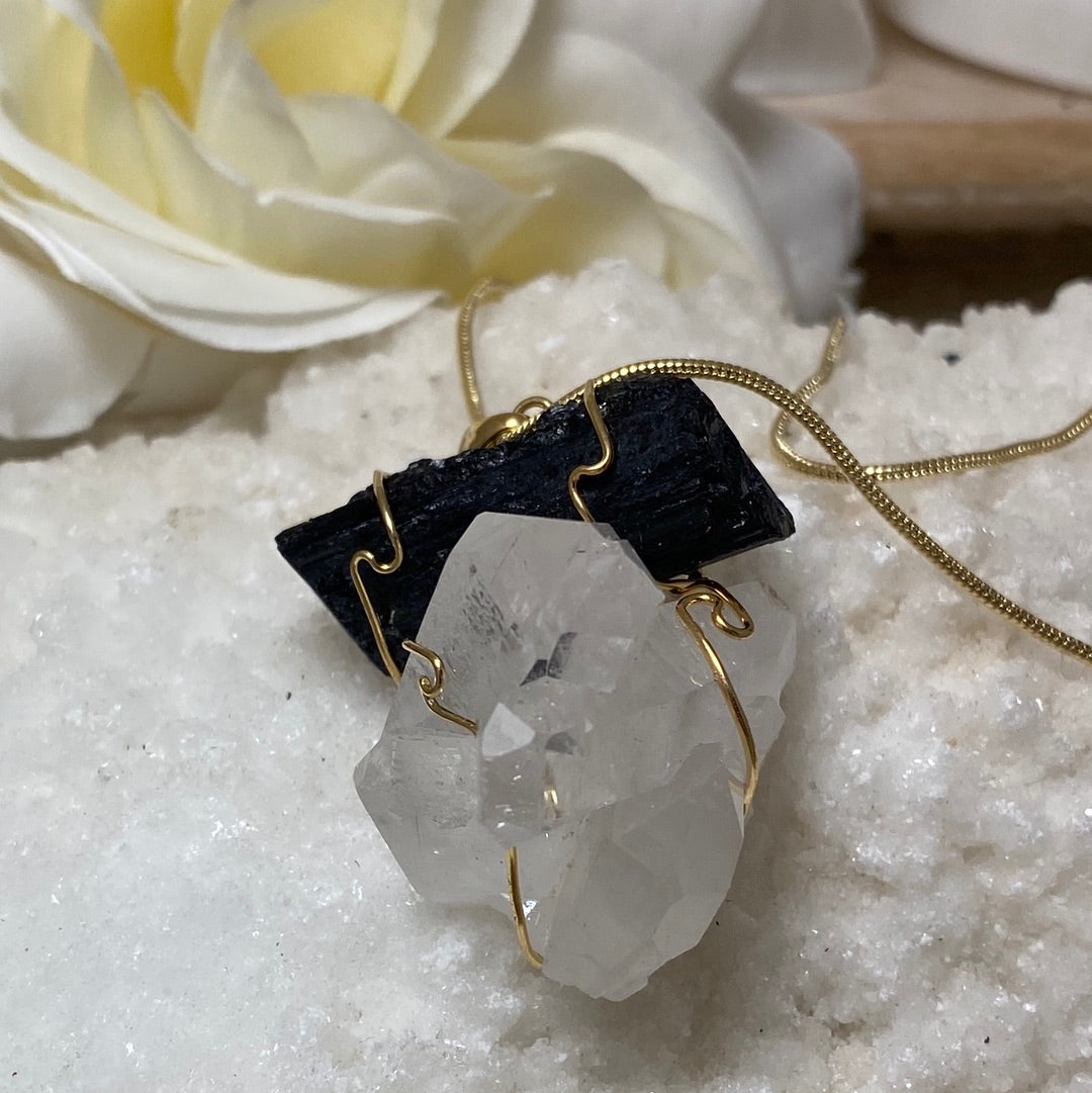 Ying-Yang Quartz and Black Tourmaline Wired Pendant