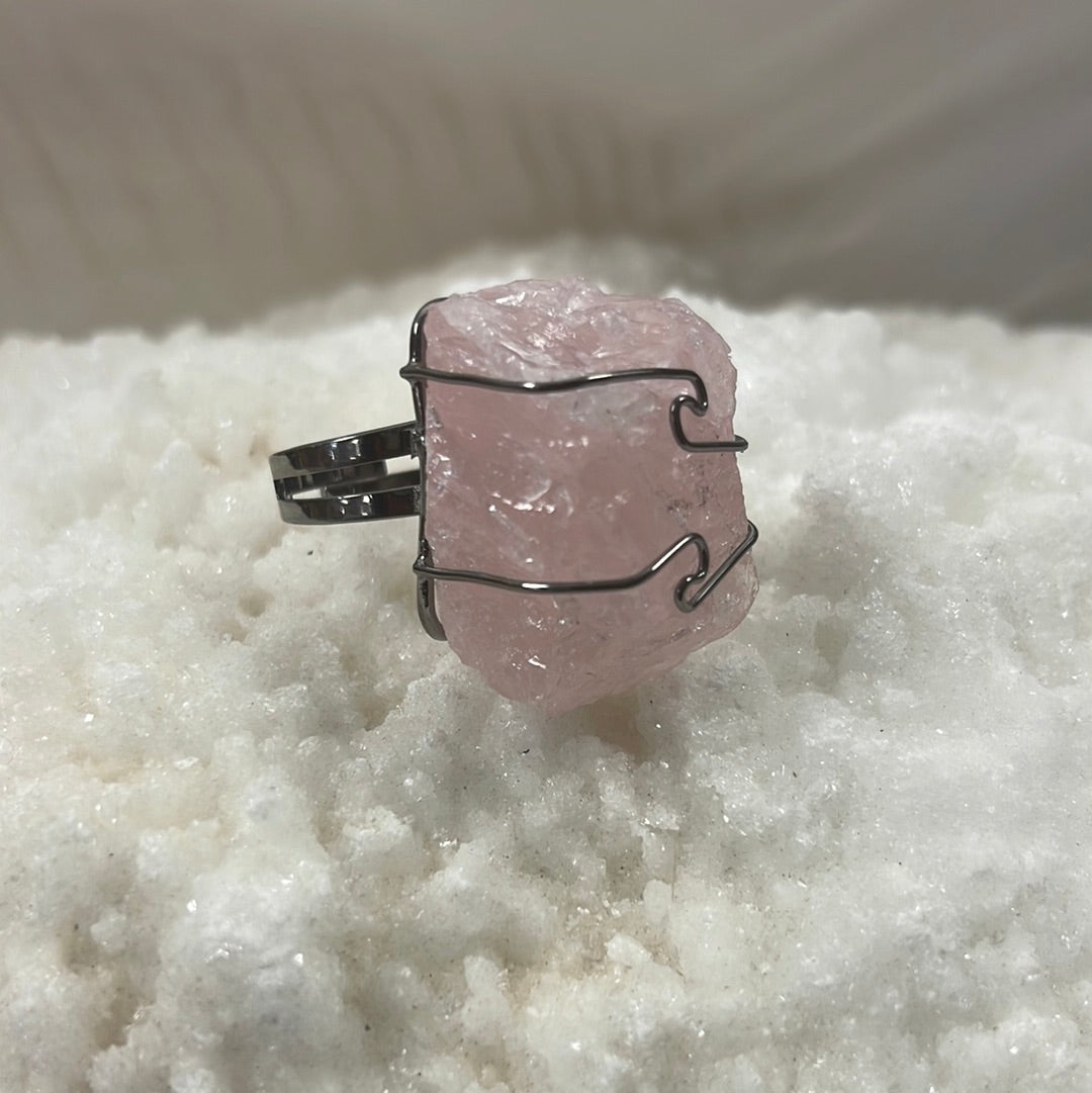 Adjustable Wire-Wrapped Rose Quartz Ring