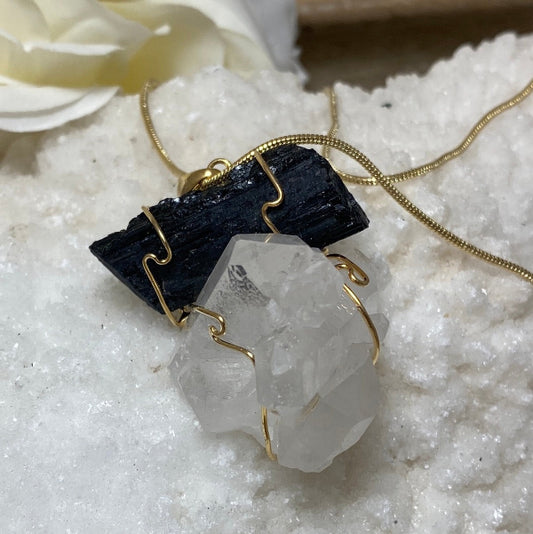 Ying-Yang Quartz and Black Tourmaline Wired Pendant