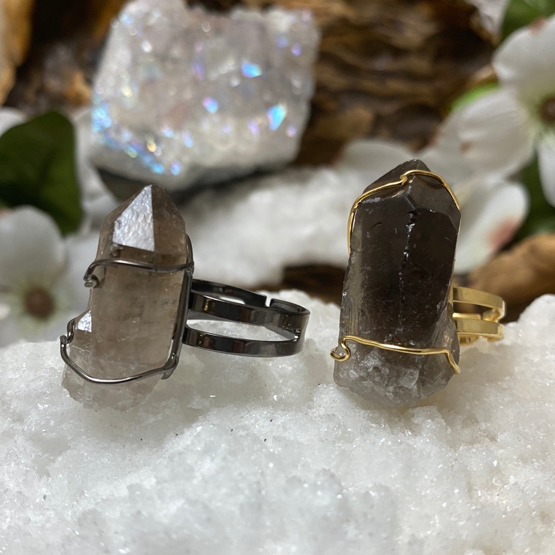 Adjustable Wire- Wrapped Smoky Quartz Cluster Ring