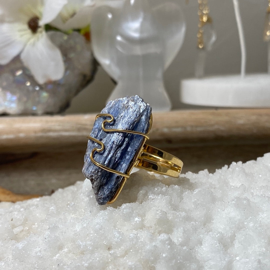 Wire-wrapped Adjustable Rough Kyanite Ring