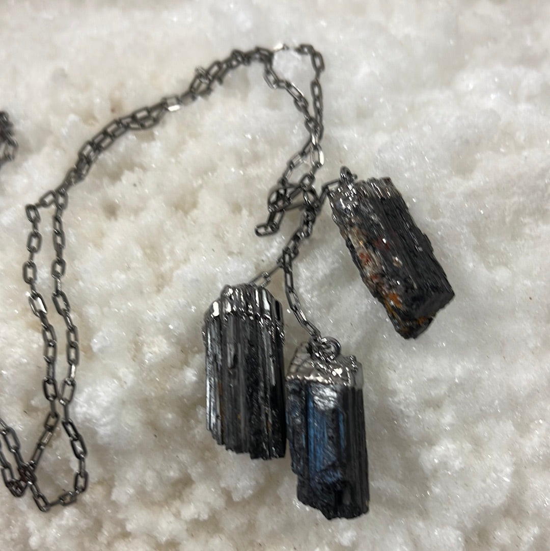 3-Stone Black Tourmaline Tassel Necklace