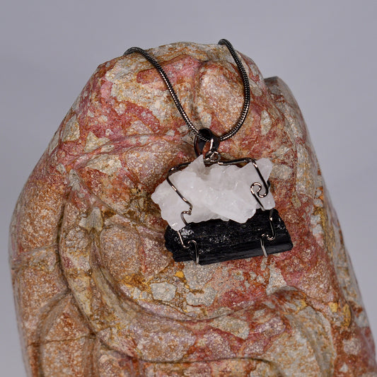 Ying-Yang Quartz and Black Tourmaline Wired Pendant
