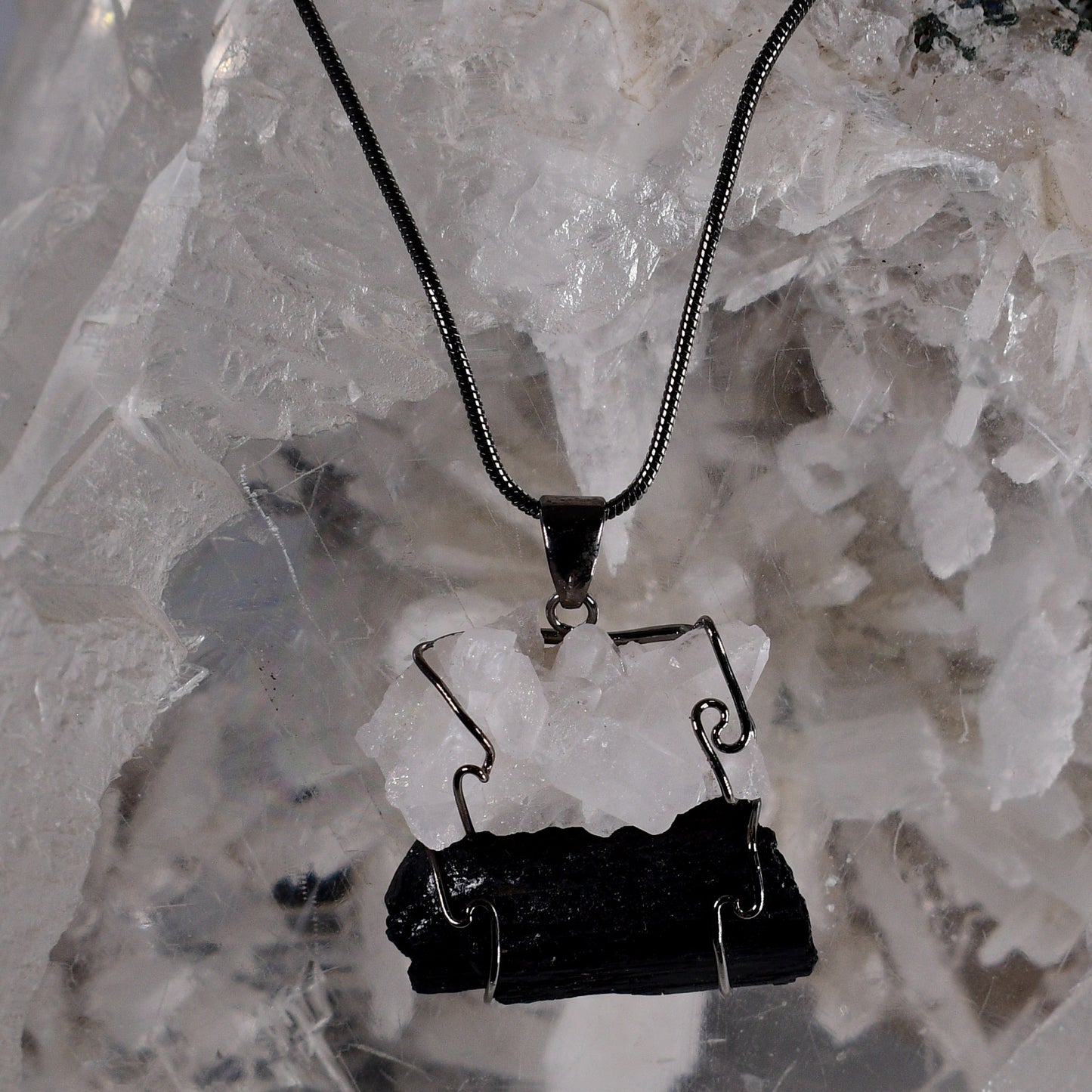 Ying-Yang Quartz and Black Tourmaline Wired Pendant